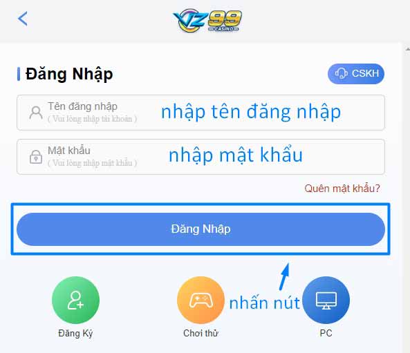 Hướng dẫn đăng nhập VZ99 nhanh chóng